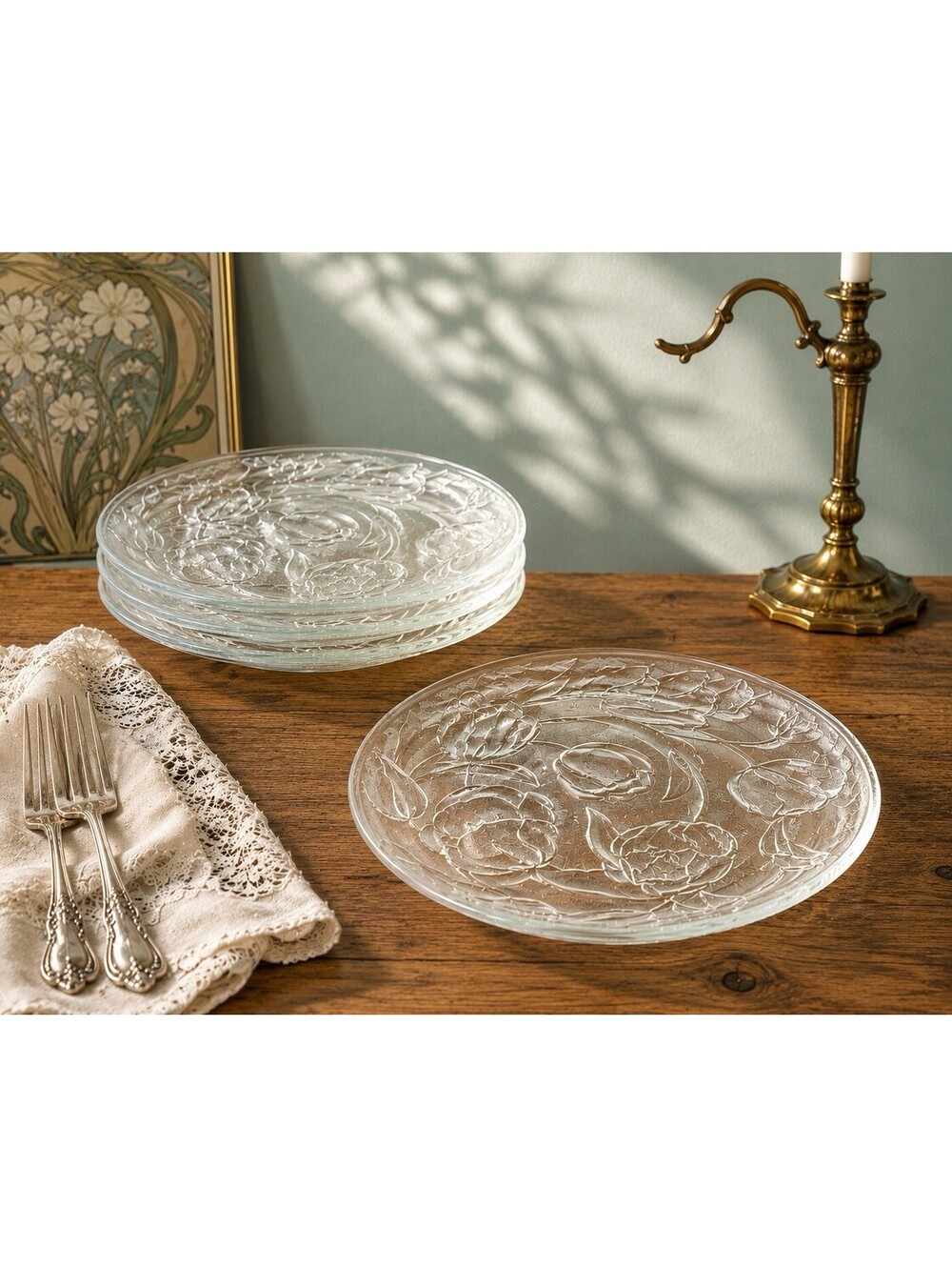 KIG Indonesia 1980s Set Of 4 Dinner Plates Tulip Clear Glass, 10”